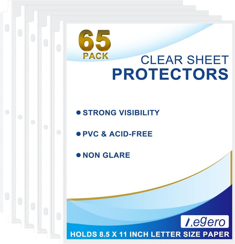 Aegero 65 Pack Clear Sheet Protectors, 8.5 x 11 inch Page Protectors for 3 Ring Binder,Top Loading Paper Protector for Documents and Photos,Letter Size - Image 1